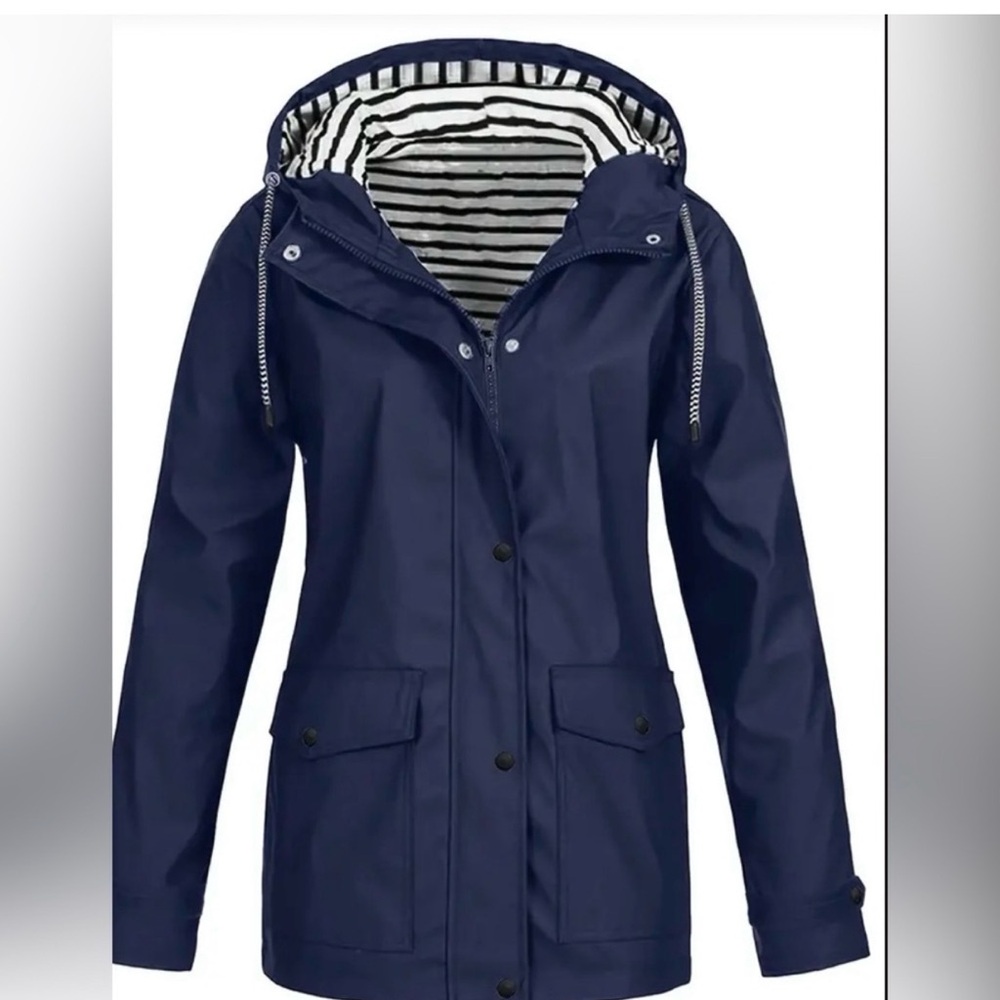 Navy Blue Hooded Rain Jacket with Striped Lining